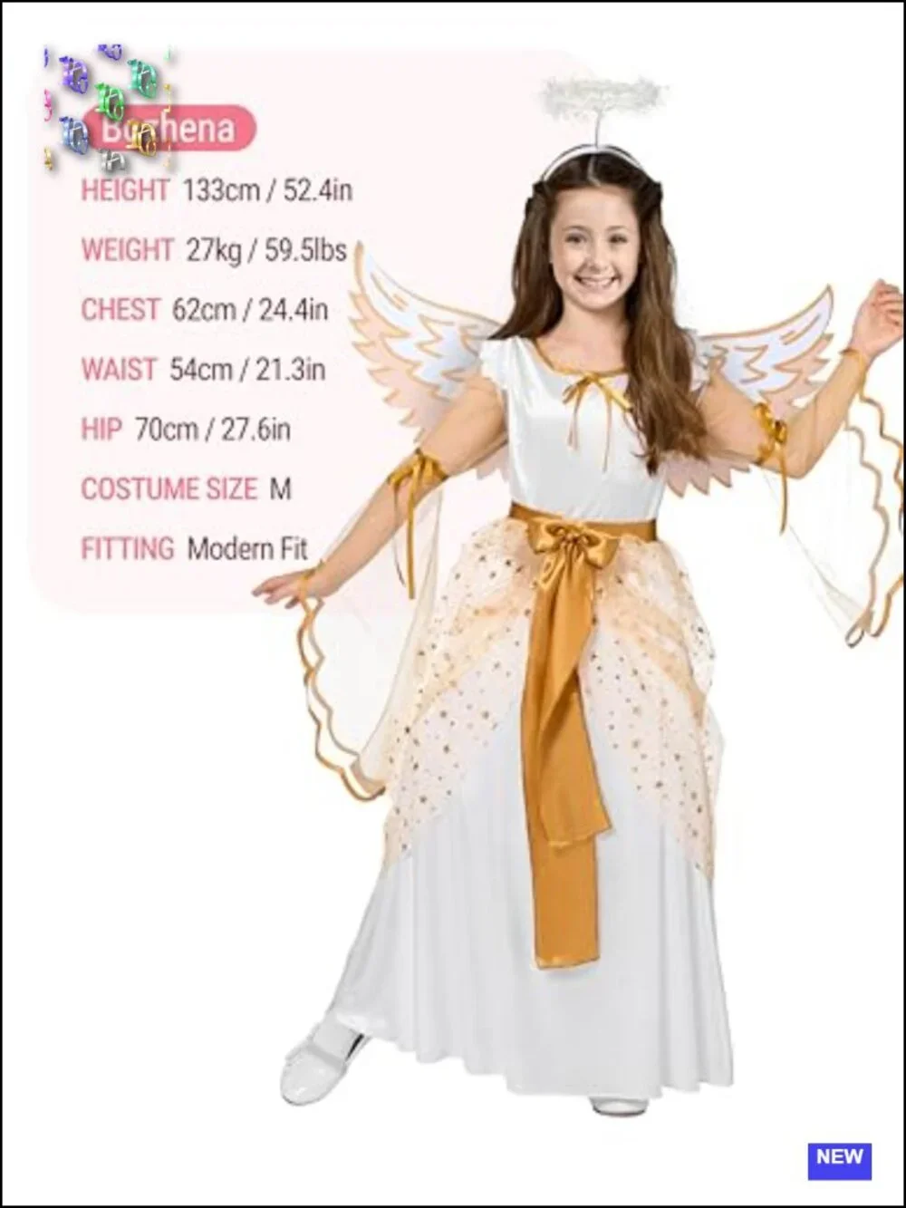 Girls Angel Costume Set with Wings & Halo, Golden Foil Satin Dress